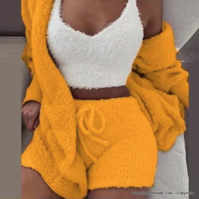 Damen Freizeitanzug Dreiteilig Kurz Hose Sweater und Top Gelb Weiß Flauschig