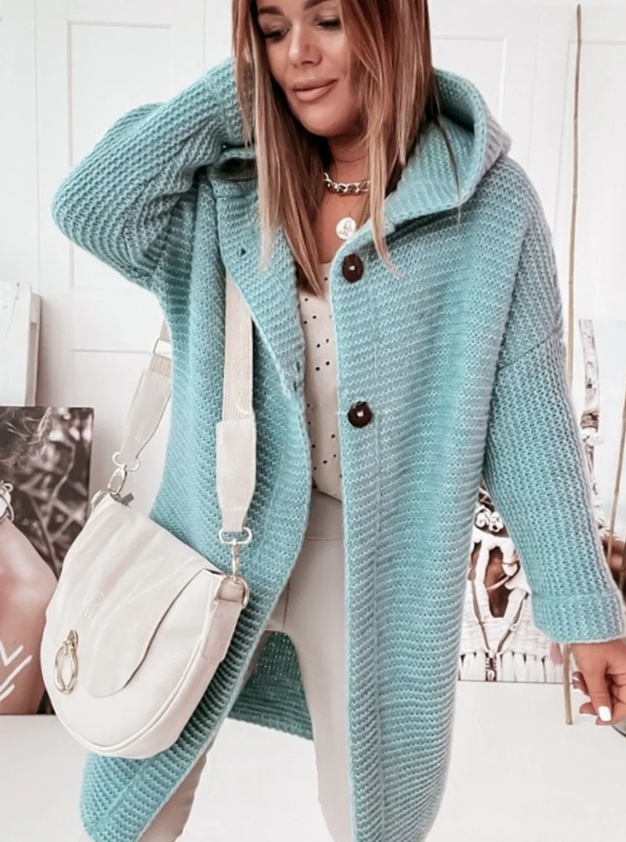 Damen Herbst Frühjahr Kapuzen Strickjacke Cardigan mit Zwei Knöpfe in Hellblau