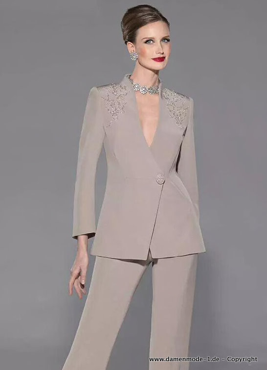 Damen Hosenanzug Elegant in Beige mit Stickereien