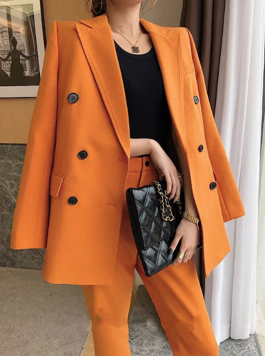 Damen Hosenanzug Elegant in Orange mit Reverskragen