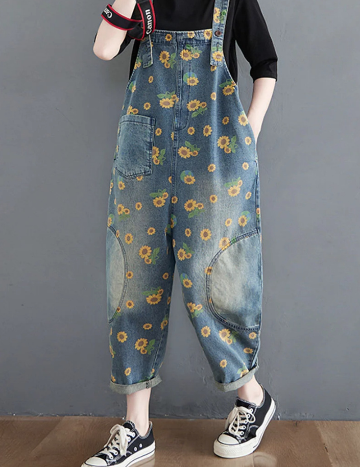 Damen Jeans Latzhose mit Sonnenblumen in Blau