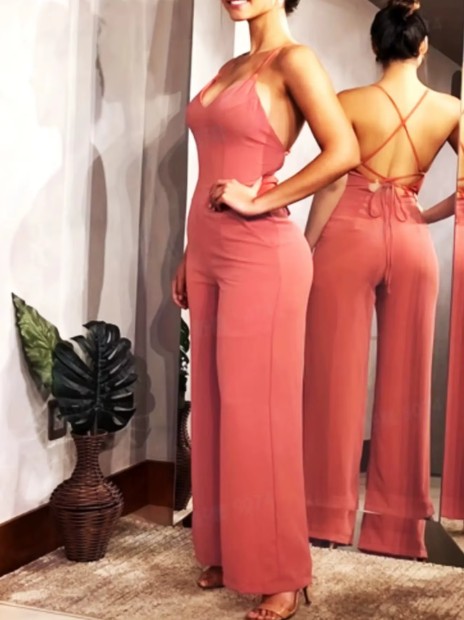 Damen Jumpsuit in Orangerot | Langer Overall mit Spaghetti-Trägern
