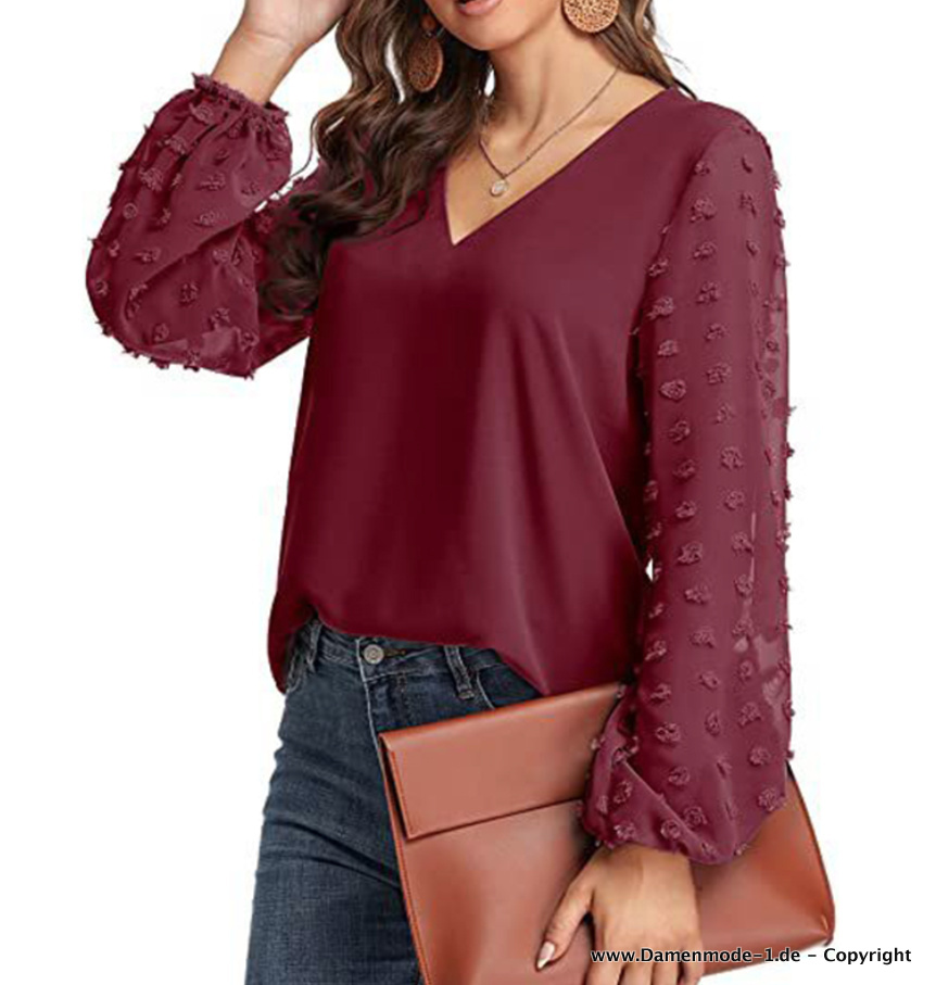 Damen Langarm Shirt Elegant in Weinrot