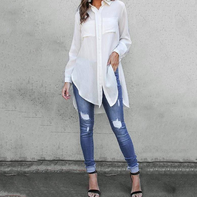 Damen Long Bluse in Weiß mit V Ausschnitt