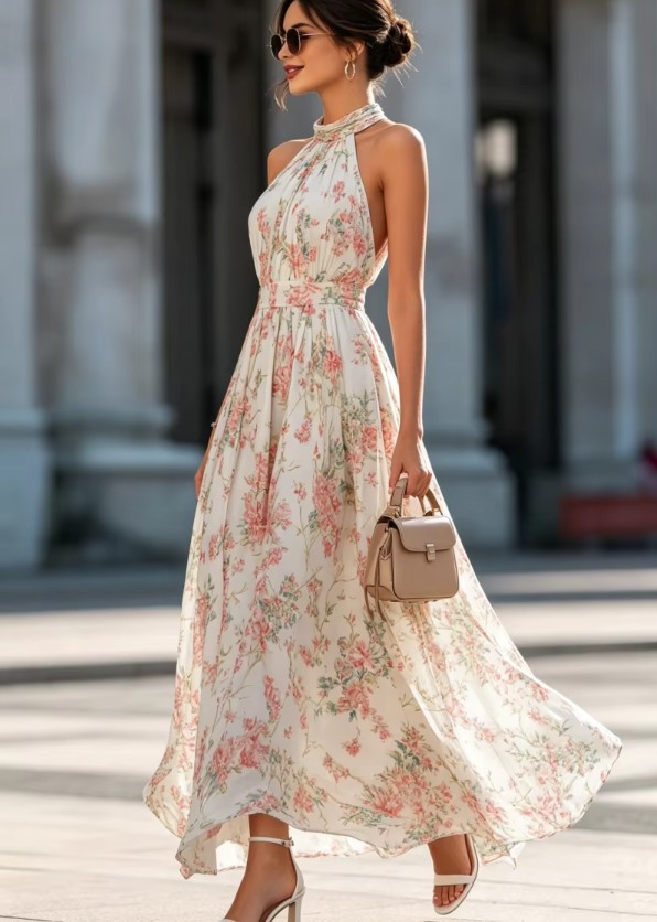 Damen Neckholder Maxikleid mit Blumenmuster – Plissiertes Chiffon Sommerkleid Elegant