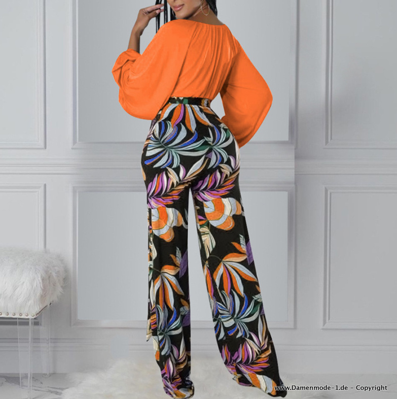 Damen Outfit Zweiteiler Elegant Bluse mit Hose im Set Orange