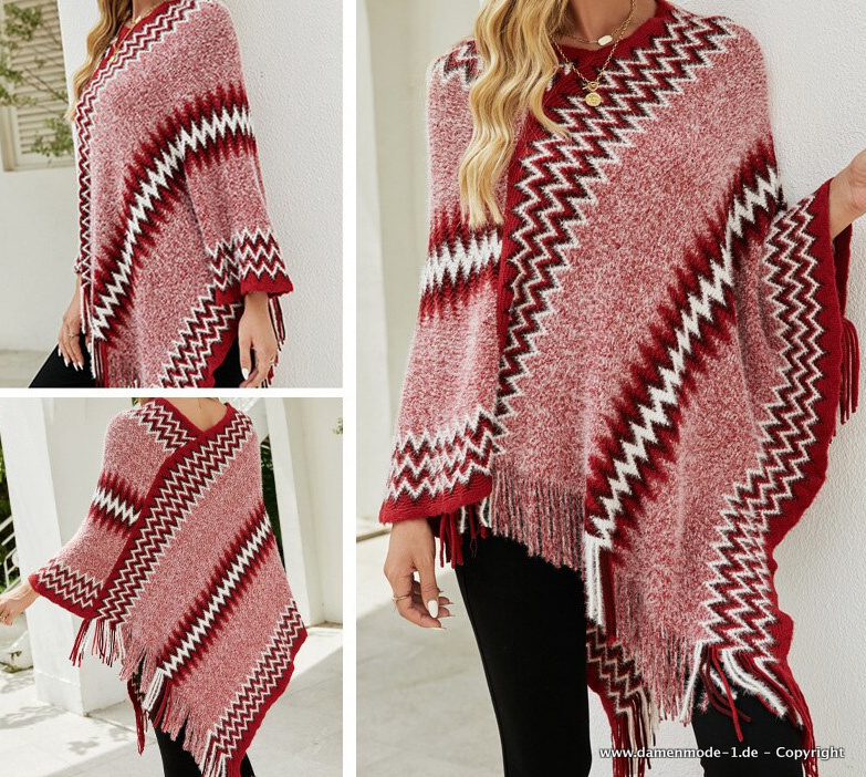 Damen Poncho Strick Pullover in Rot