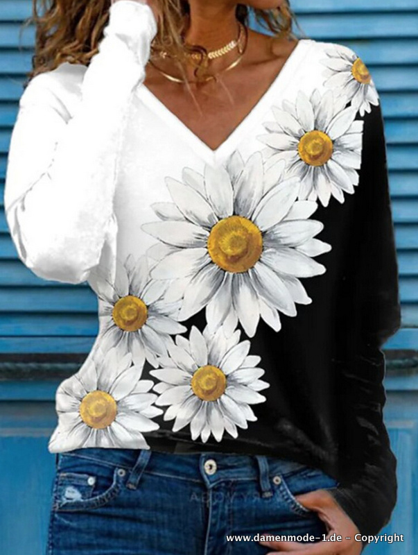 Damen Pullover mit Margeriten Muster Schwarz Weiß