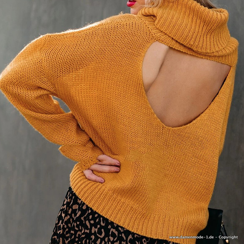 Damen Rollkragen Strick Pullover in Gelb mit Rückenausschnitt