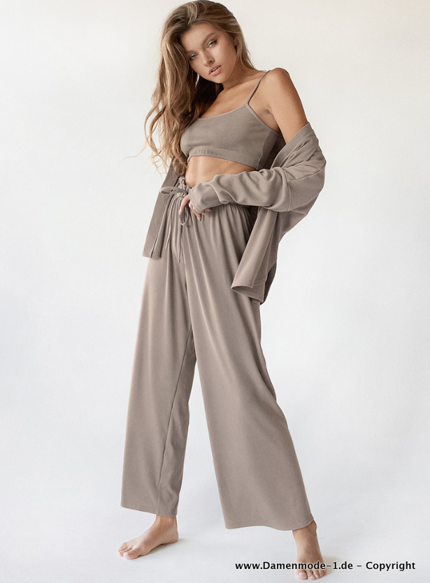 Damen Schlafanzug Pyjama Dreiteilig mit Träger Top in Khaki