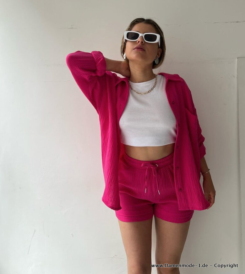 Damen Sommerset Kurze Hose mit Bluse in Pink