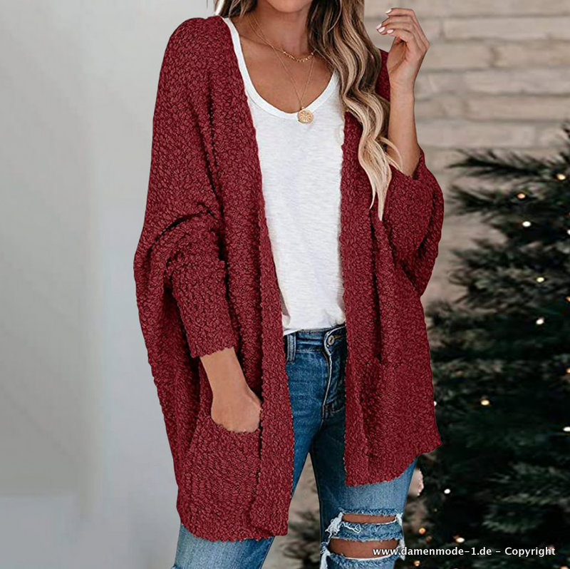 Damen Strickjacke Cardigan in Weinrot