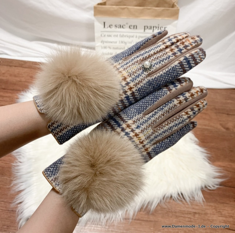 Damen Touchscreen Winter Kaschmir Handschuhe mit Perle und Pom Pom Blau Kariert