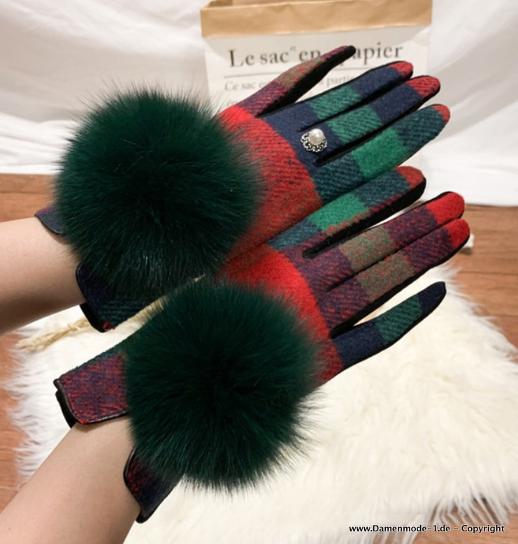Damen Touchscreen Winter Kaschmir Handschuhe mit Perle und Pom Pom Rot Grün
