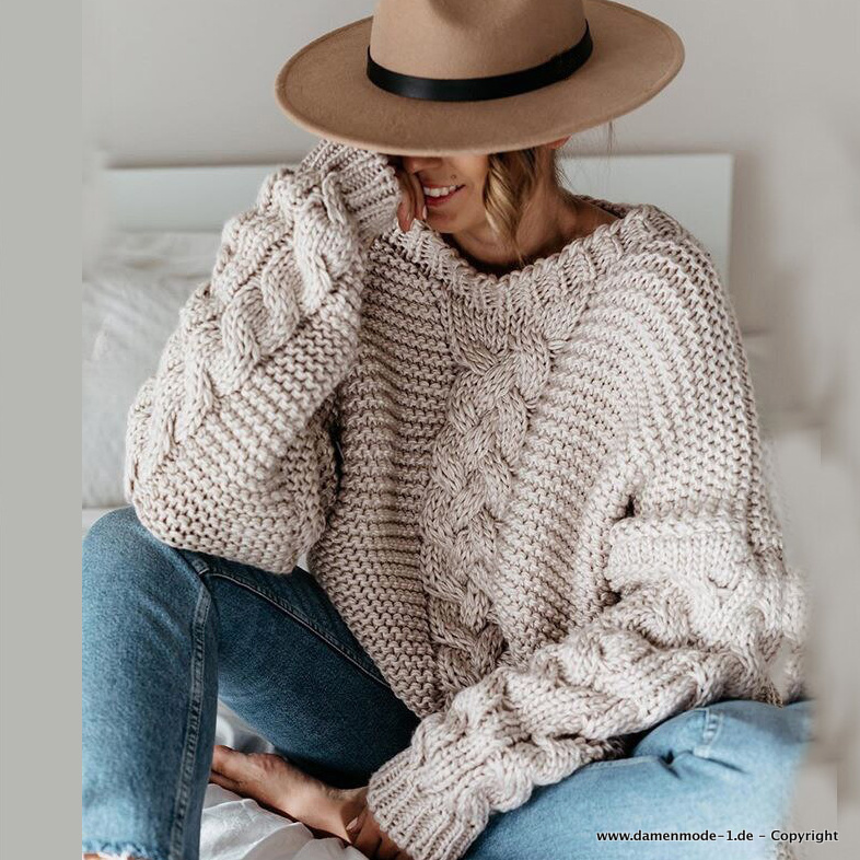 Damen Twist Muster Strick Pullover Beige