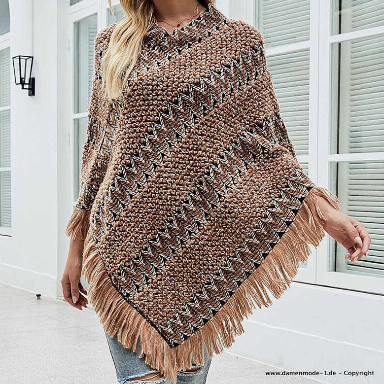 Damen Vintage Boho Style Poncho Strickjacke in Beige