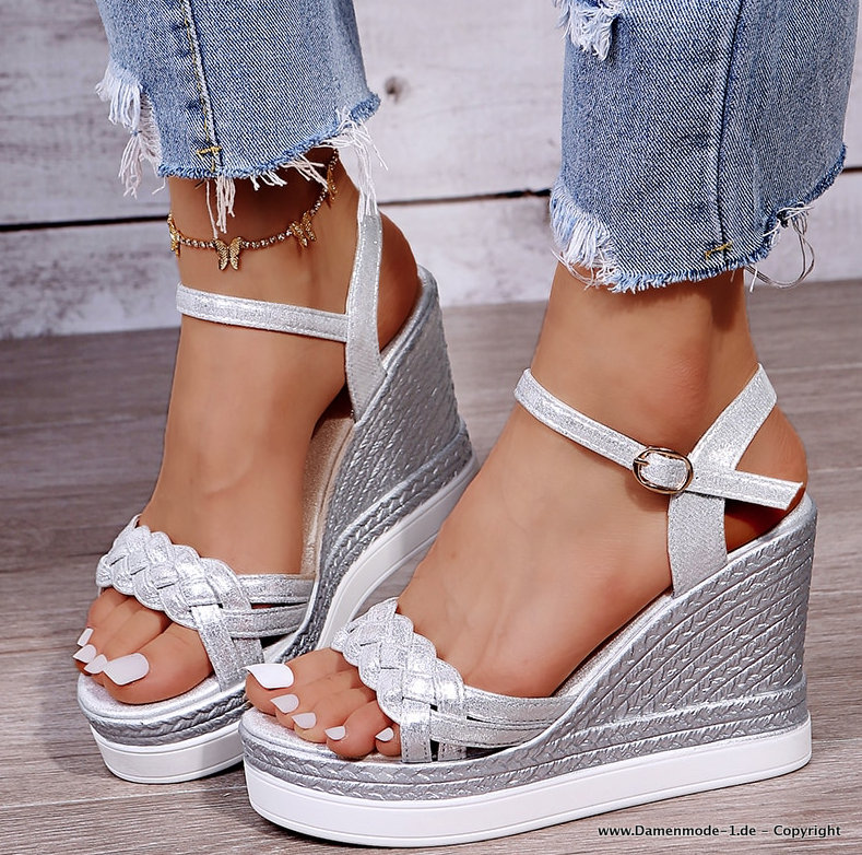 Damen Wedges Sommer Schuhe mit Keil Absatz in Silber
