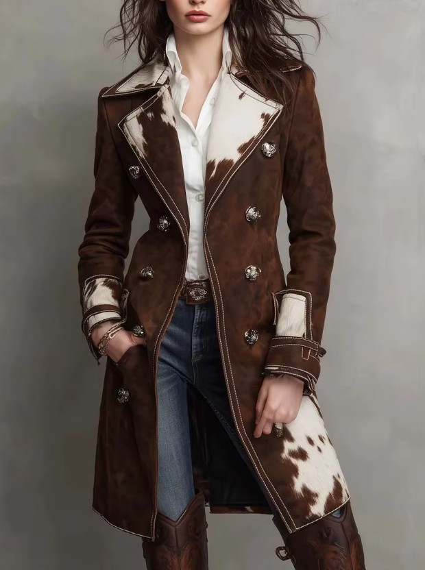 Damen Western Trenchcoat mit Cow Print – Vintage Retro Jacke