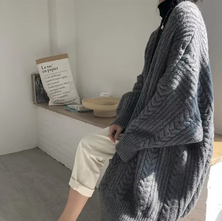 Damen Woll Cardigan Strickjacke Elise Lang in Grau