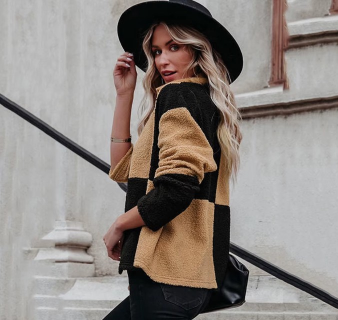 Damen Wolljacke Pullover mit Farbblock-Motiv Gelb Schwarz