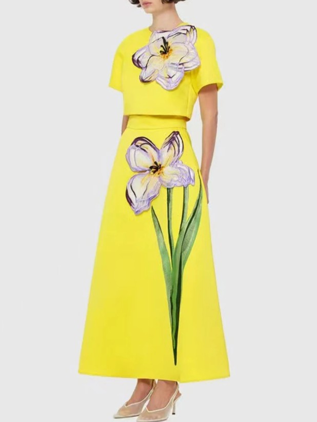 Damen Zweiteiler Elegant Oberteil - Rock in Gelb mit Blume