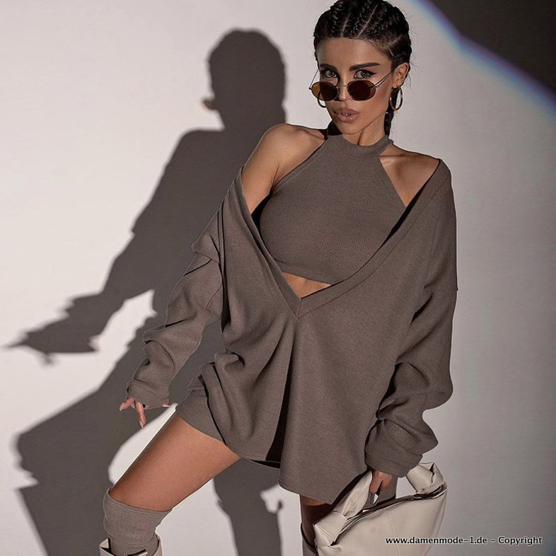 Damenoutfit Dreiteiler Set Gestrickt Kurzehose Top und Pullover Braun