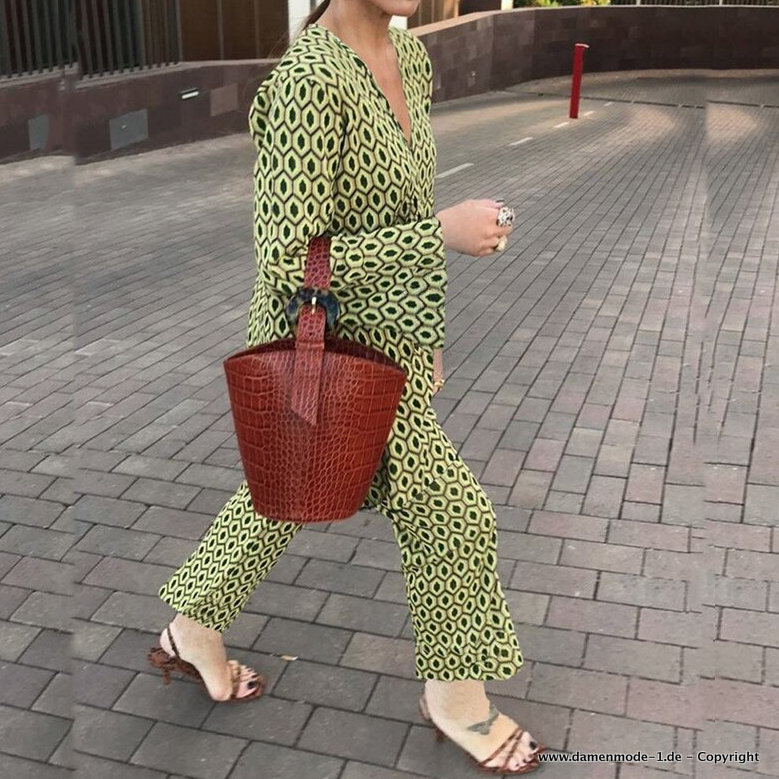Damenoutfit Elegant in Grün  V-ausschnitt Langarm Top + Hosen im Set
