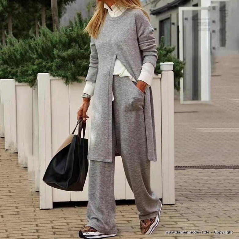 Damenoutfit Freizeitanzug Hose mit Long Pullover im Set Grau