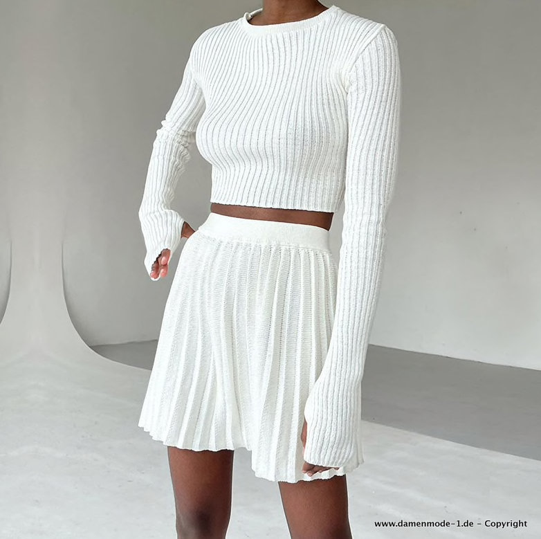 Damenoutfit Leger Minirock mit Pullover im Set Gestrickt Weiß