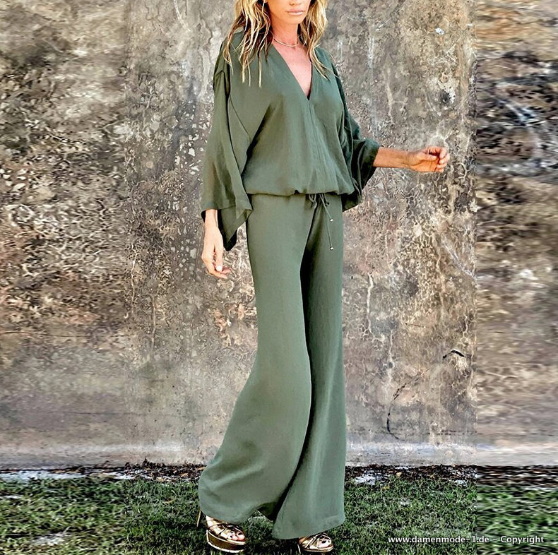 Damenoutfit Zweiteiler Langarm Bluse mit Hose im Set Grün