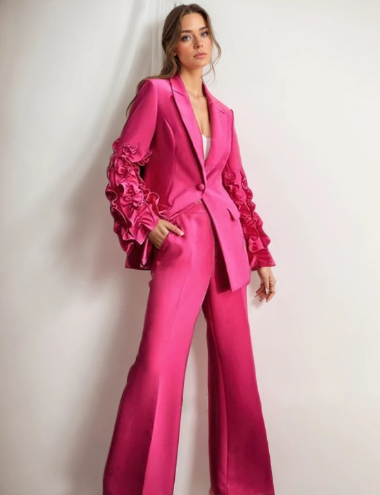 Designer Damen Hosenanzug Elina mit Rüschen Tailliert in Pink