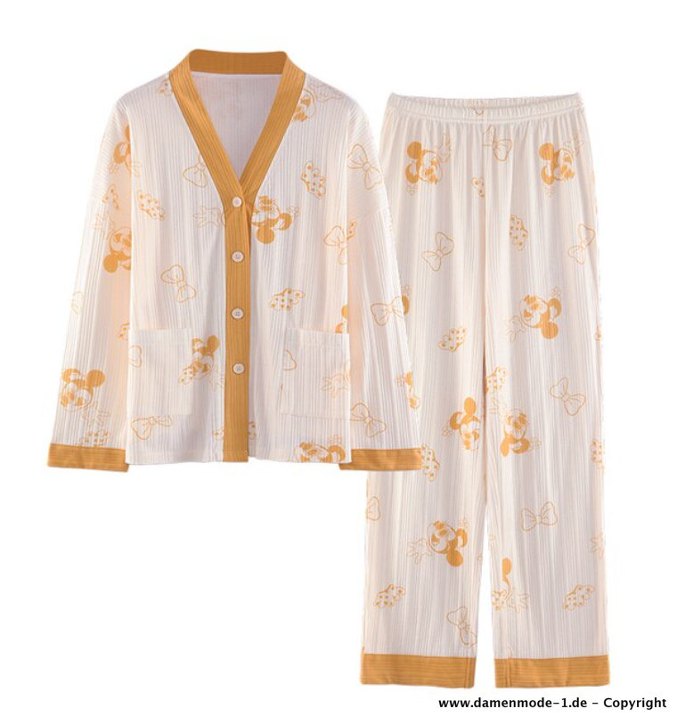 Disney Baumwolle Schlafanzug Pyjama zum Knöpfen in Weiß Gelb