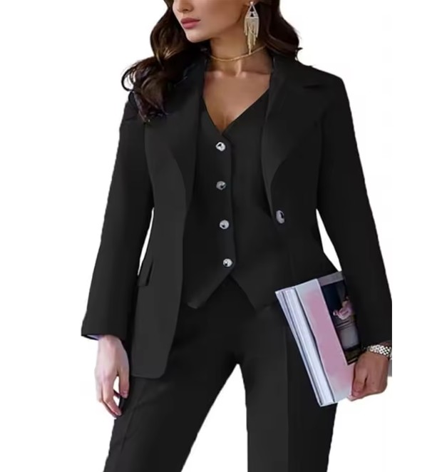 Dreiteiliger Damen Hosenanzug Ernestine in Schwarz Elegant Blazer - Weste - Hose im Set