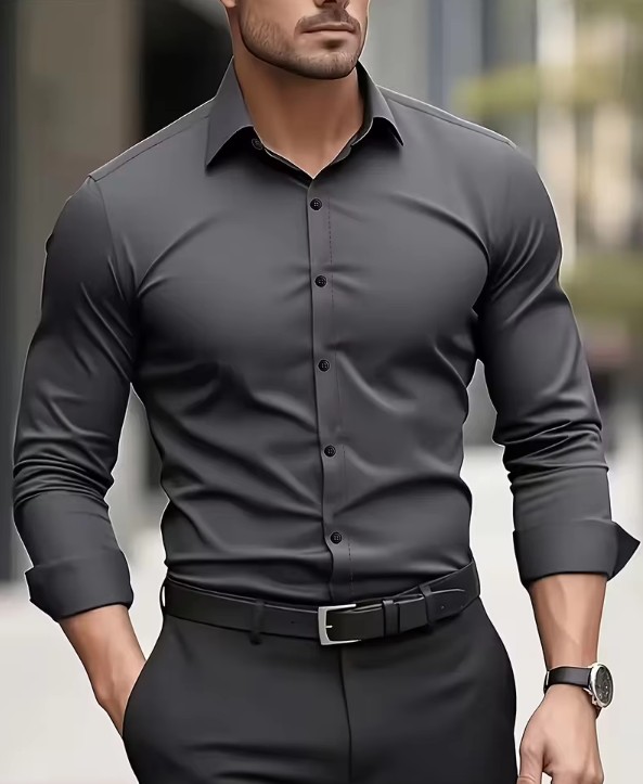 Dunkelgraues Herren-Langarmhemd – Elegantes Businesshemd für Herbst & Winter