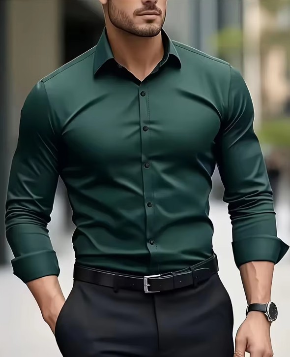 Dunkelgrünes Herren-Langarmhemd – Elegantes Businesshemd für Herbst & Winter