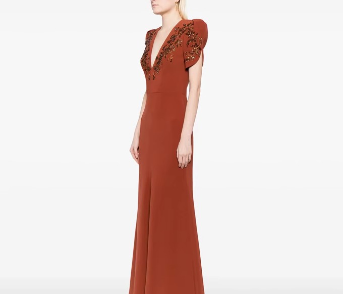 Einzigartiges oranges Meerjungfrau-Abendkleid mit V-Ausschnitt, Kristallperlen