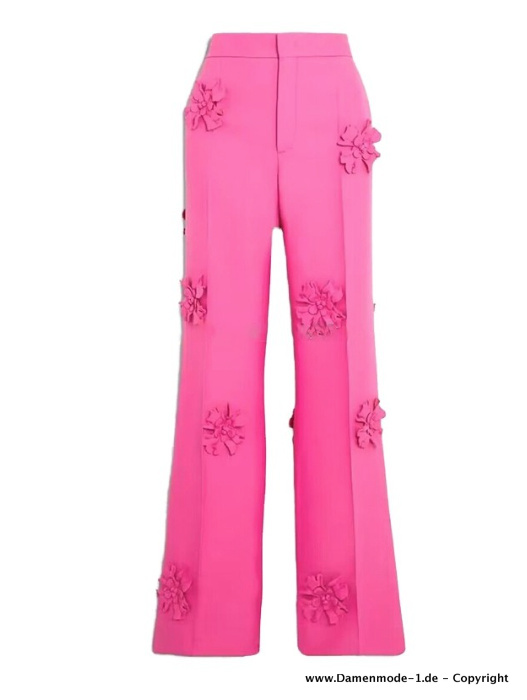 Elegante Damen Hose Lang in Pink mit 3D Blumen