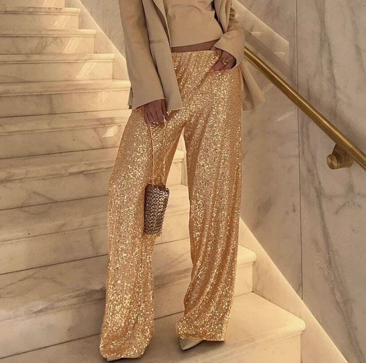 Elegante Damenhose Lang mit Glitzer Pailletten in Gold