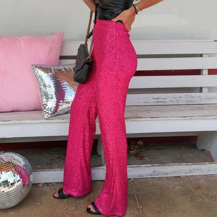 Elegante Damenhose Lang mit Glitzer Pailletten in Pink