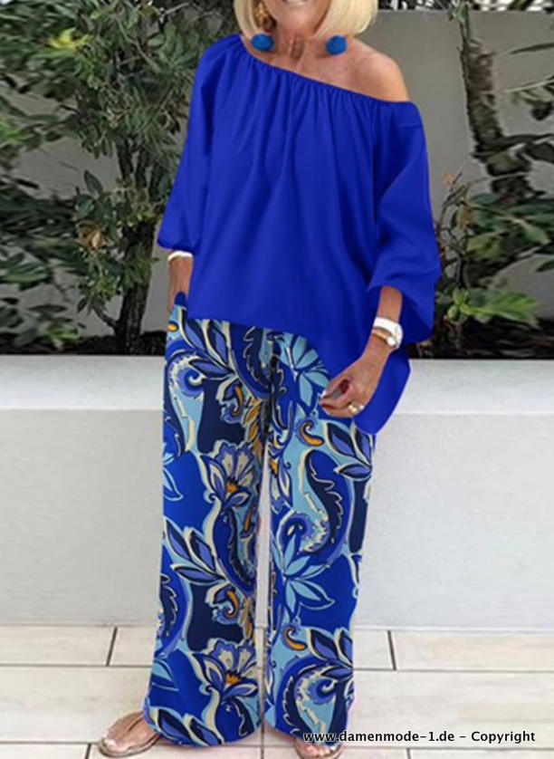 Eleganter Boho Print Zweiteiler Damenoutfit in Marineblau