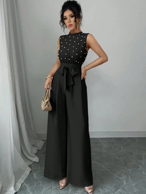 Eleganter Einteiler Jumpsuit in Schwarz mit Perlen