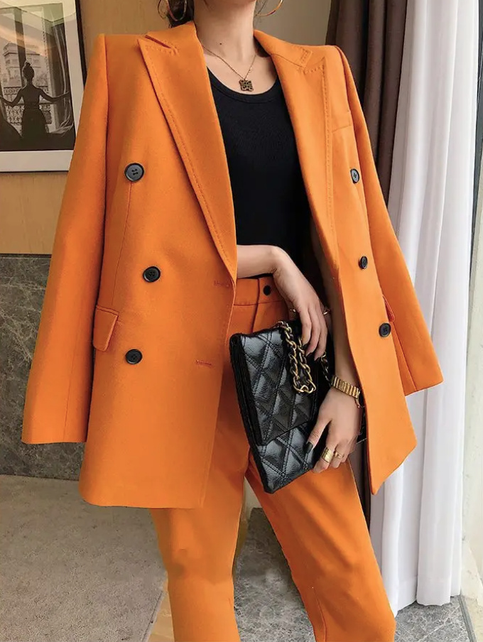Eleganter Hosenanzug Business Outfit Schmal Geschnitten in Orange