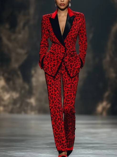 Eleganter Hosenanzug Friedegard in Rot Schwarz mit Leoparden Muster