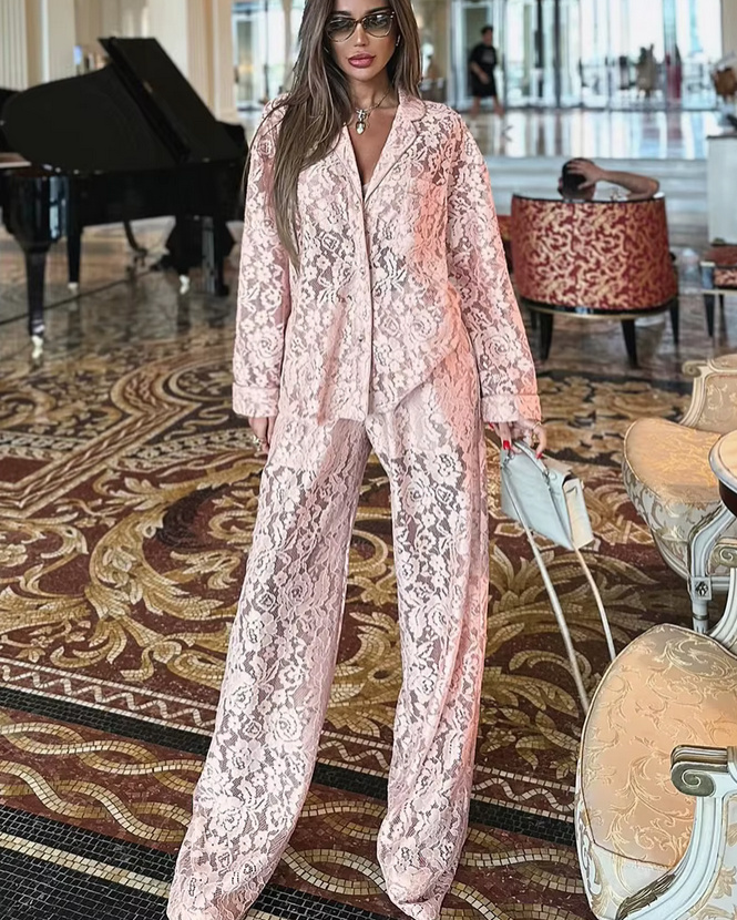 Eleganter Zweiteiler für Damen 2025 Sexy Outfit aus Spitze in Rosa