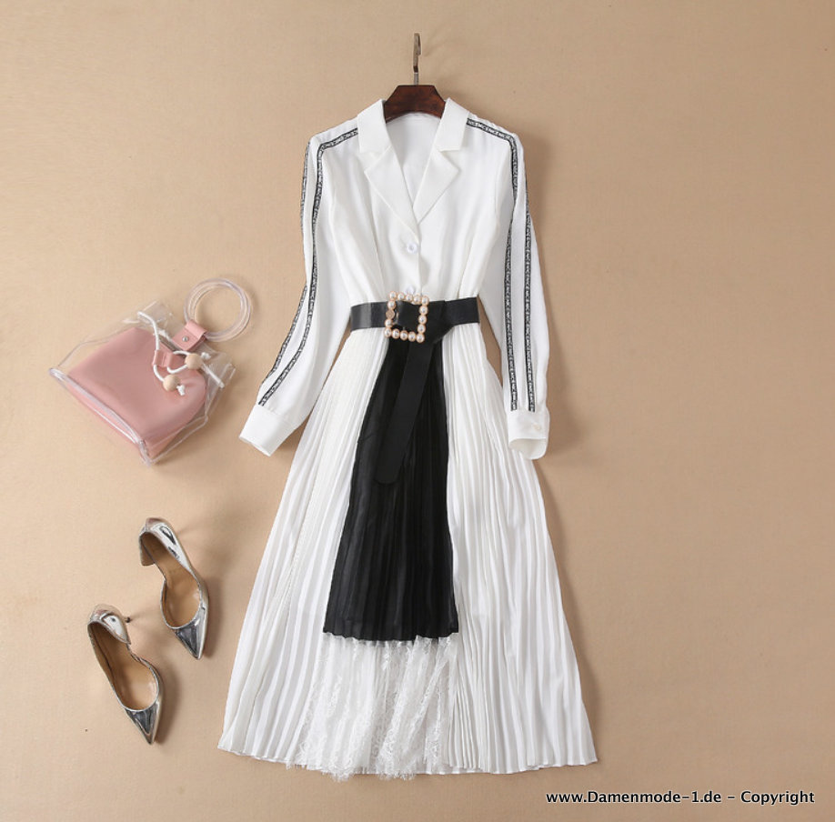 Elegantes A-Linie Plissee Kleid in Weiß mit Applikationen Wadenlang