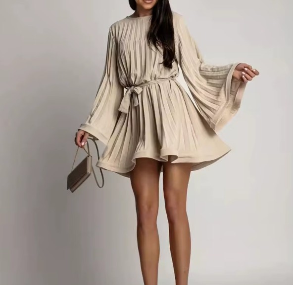 Elegantes Damen Plissee-Minikleid – Rundhals, Trompetenärmel & Bindegürtel Beige Creme