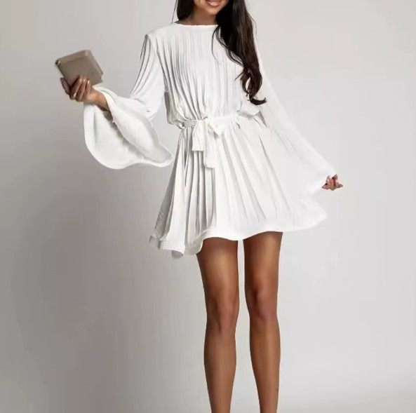 Elegantes Damen Plissee-Minikleid – Rundhals, Trompetenärmel & Bindegürtel Weiß