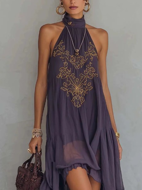 Elegantes Damen Sommer-Maxikleid in Lila – Ärmellos mit Rollkragen & Rüschen