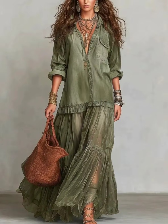 Elegantes Jeans Maxikleid mit Langarm, Gürtel & Mesh-Einsatz Grün