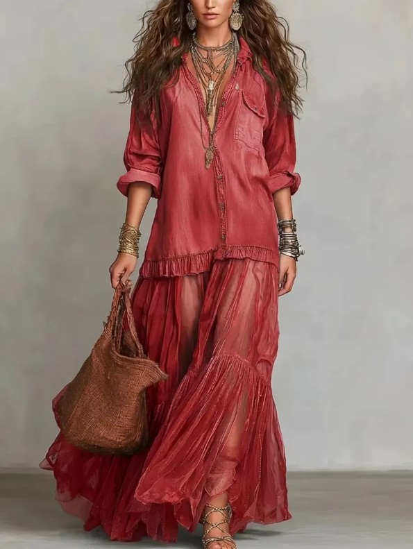 Elegantes Jeans Maxikleid mit Langarm, Gürtel & Mesh-Einsatz Rot